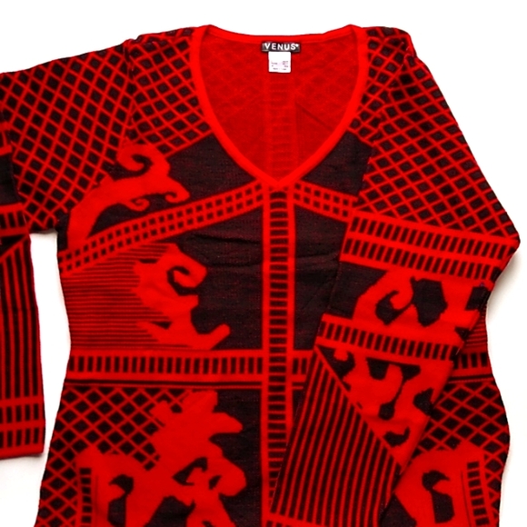VENUS Sweater Dress Black Red Stretchy Knit V Neck Long Sleeve Plus Size 1X NEW - Picture 5 of 6